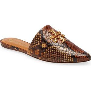 NIB Tory Burch Eleanor Snake Pattern Leather Mule Slide Caramel Brown 8.5 9.5